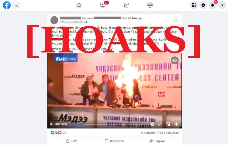 Tangkapan layar unggahan hoaks di sebuah akun Facebook, yang menampilkan video dengan narasi menteri pekerjaan umum Mongolia membakar diri.
