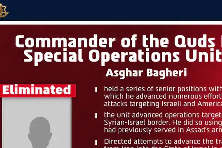 Komandan Pasukan Quds Iran, Asghar Bagheri, Meninggal dalam Serangan Israel