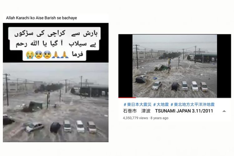 Kiri: foto diklaim banjir bandang di Karachi, Pakistan. Kanan: tangkapan layar video peristiwa tsunami di Jepang, 2011.