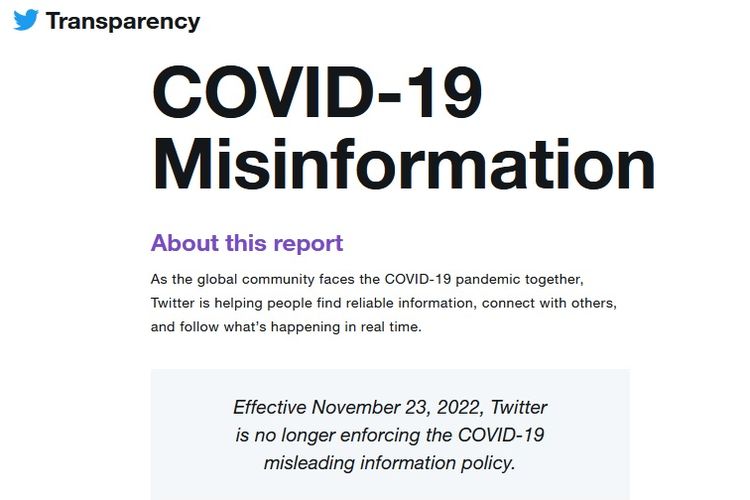Melalui halaman transparansi, Twitter mengumumkan tidak lagi menyajikan laporan soal konten misinformasi Covid-19. 