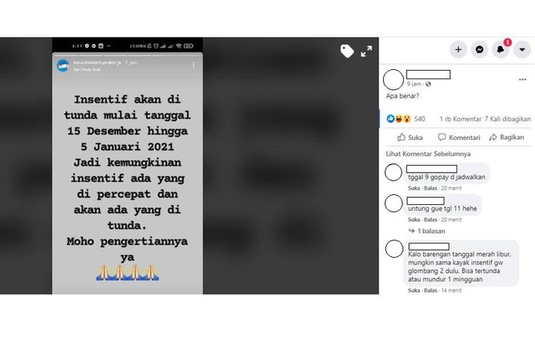 Tangkapan layar unggahan dari warganet menanyakan kebenaran dari adanya informasi yang menyebut insentif Kartu Prakerja akan ditunda mulai 15 Desember-5 Januari 2021.