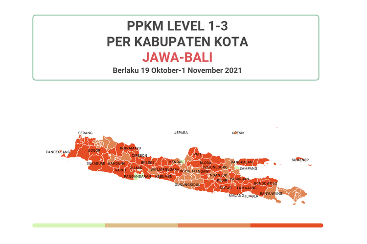 Peta per Kabupaten Kota PPKM Level 1-3 di Jawa-Bali untuk periode 19 Oktober-1 November 2021.