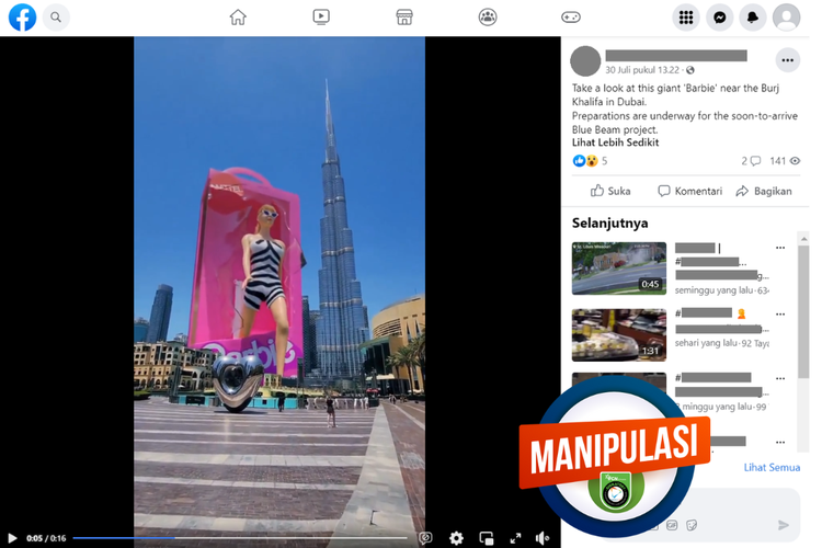 Tangkapan layar konten manipulasi di sebuah akun Facebook, Minggu (30/7/2023), soal video boneka Barbie raksasa di samping gedung Burj Khalifa di Dubai.