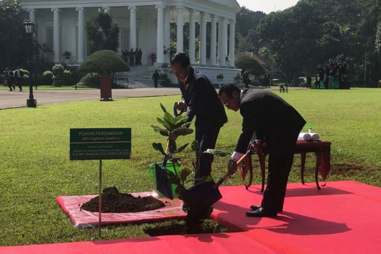 Presiden Joko Widodo melakukan penanaman pohon bersama Presiden Republik Demokratik Timor Leste Francisco Guterres Lu Olo di Istana Presiden Bogor, Kamis (28/6/2018).