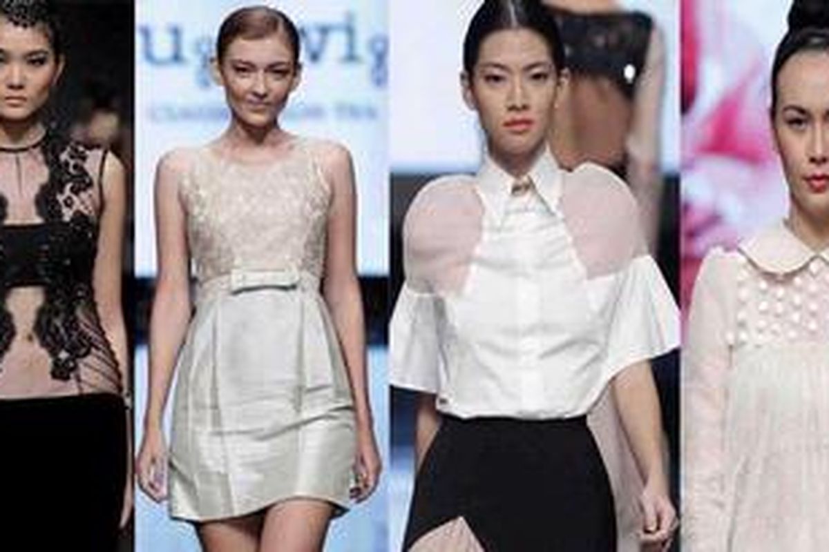 Busana yang diciptakan oleh siswa Esmod yang terasa lebih simpel dan chic dengan penggunaan teknik payet dan renda pada sebagian besar koleksinya.