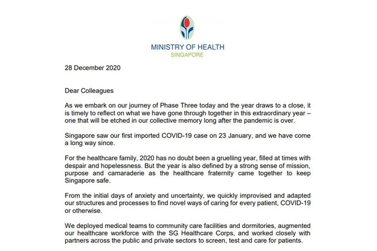 Surat Menkes Singapura Gan Kim Yong kepada tenaga kesehatan