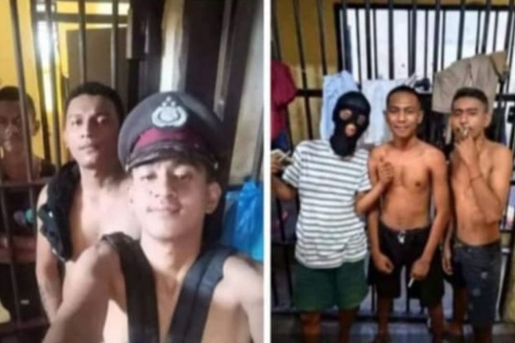 Foto: Tangkapan layar para tahanan yang sedang asyik berfoto selfie di ruang tahanan Polres Ende viral di media sosial.