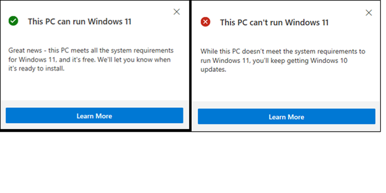 (Kiri) Indikator bahwa PC sudah kompatibel dengan Windows 11; (kanan) indikator PC belum kompatibel dan tidak bisa menjalankan Windows 11.