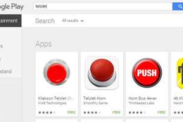 Sebagian hasil pencarian aplikasi bertema om telolet om di Googe Play Store.