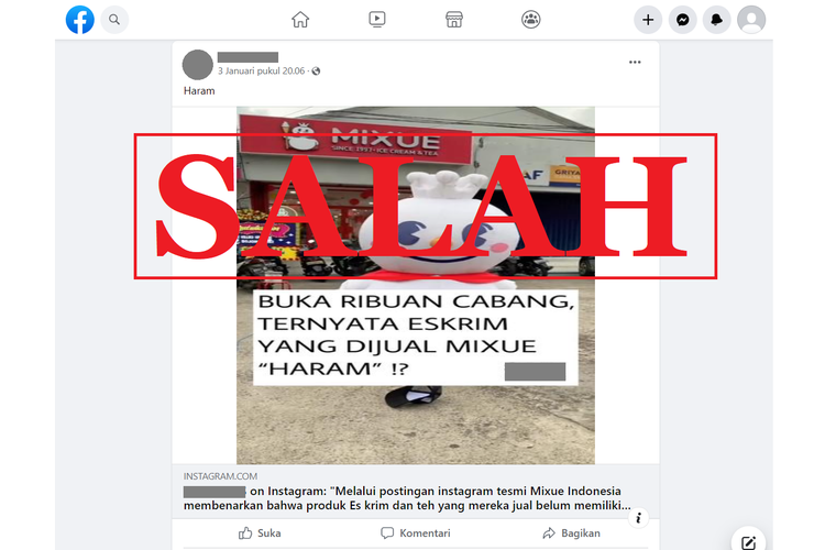 Tangkapan layar unggahan dengan narasi keliru di sebuah akun Facebook, Selasa (3/1/2023), soal klaim yang menyebut bahwa Mixue haram. Faktanya, sertifikasi halal masih dalam proses.