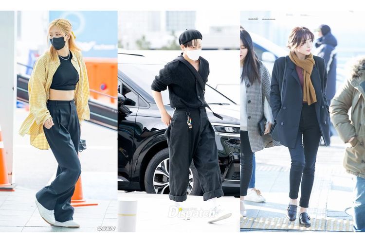 Airport fashion yang dipamerkan Rose BLACKPINK, Hong Joong ATEEZ, dan Seulgi Red Velvet.