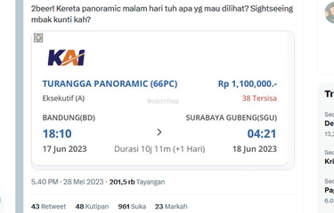 Tangkapan layar unggahan yang mempertanyakan apa yang ingin dilihat untuk kereta api (KA) Turangga Panoramic jika perjanannya pada malam hari