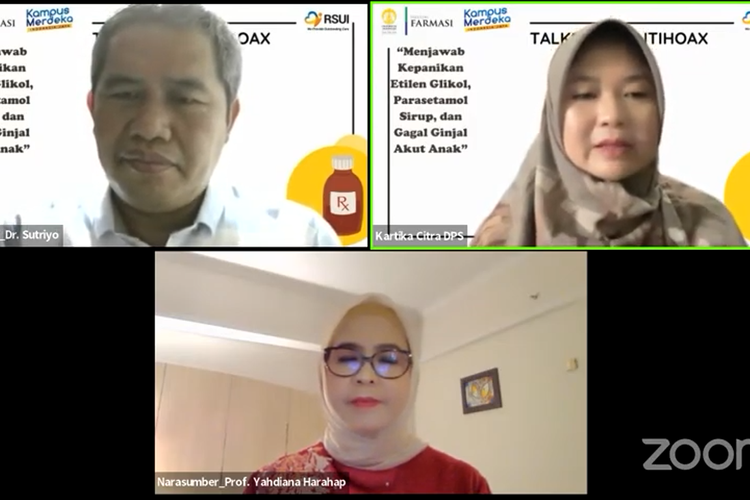 Talkshow antihoax Fakultas Farmasi Universitas Indonesia (UI) dengan tema 'menjawab kepanikan etilen glikol, paasetamol sirup dan gagal ginjal akut anak', Sabtu (22/10/2022).