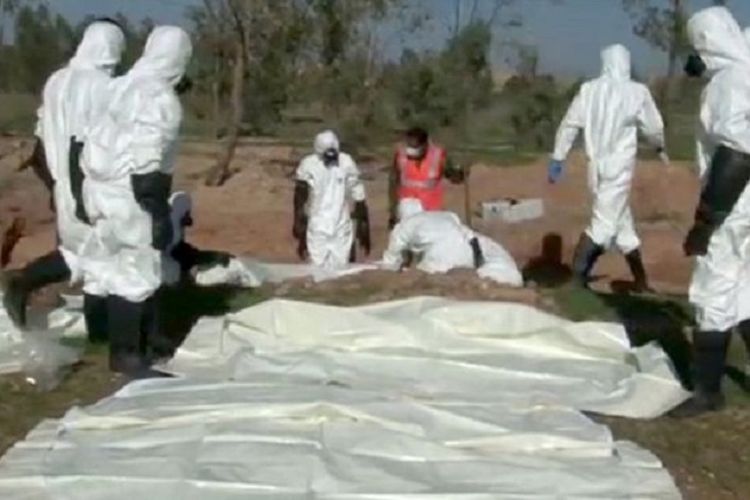Petugas forensik terlihat memeriksa jenazah yang mereka temukan dalam sebuah kuburan massal di Albu Kamal, benteng yang berhasil direbut dari Negara Islam Irak dan Suriah (ISIS).