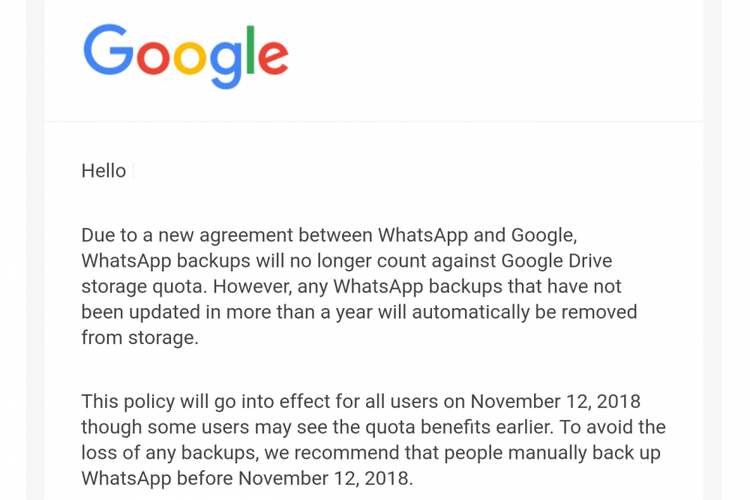 E-mail pemberitahuan dari Google tentang backup data WhatsApp.
