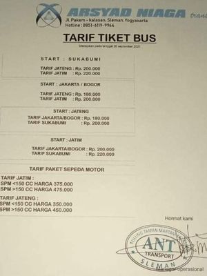 Tarif Bus PO Arsyad Niaga Trans