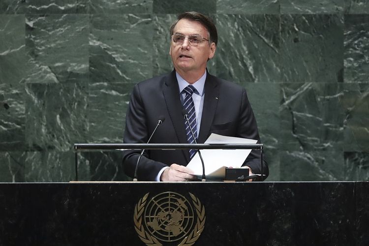 Presiden Brasil Jair Bolsonaro berbicara di hadapan Majelis Umum PBB, di New York, Selasa (24/9/2019).