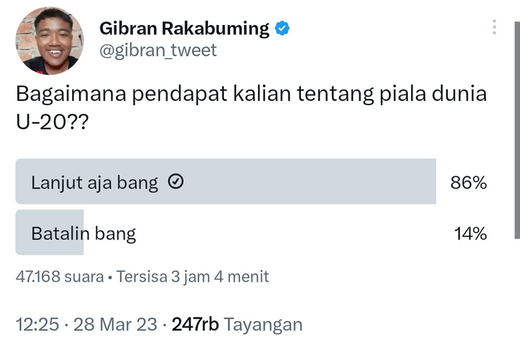 Tangkapan layar polling Piala Dunia U20 yang dibuat Wali Kota Solo Gibran Rakabuming Raka.