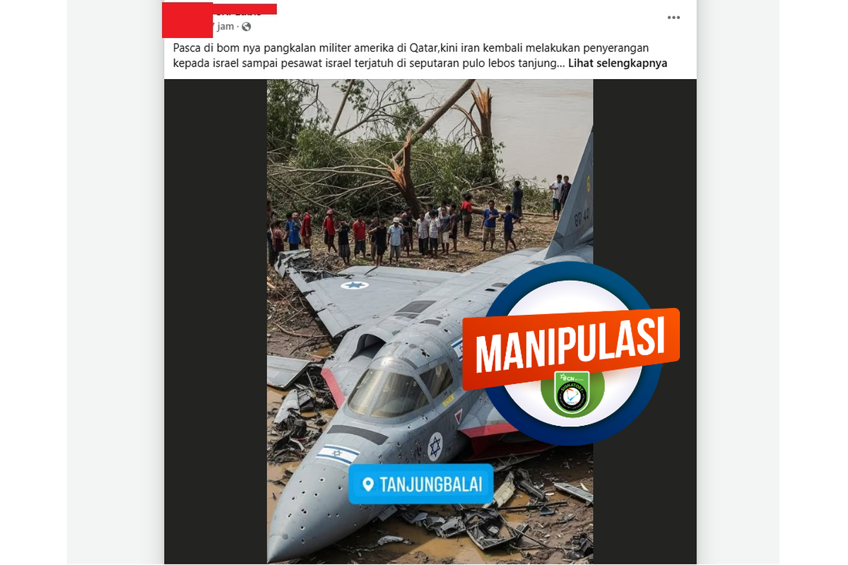 Tangkapan layar Facebook narasi yang mengeklaim pesawat tempur Israel jatuh di Tanjung Balai Sumatera Utara