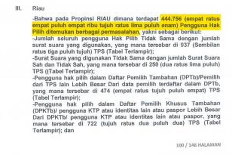Berkas perbaikan berisi gugatan tim hukum Prabowo Subianto-Hatta Rajasa atas pemilihan umum presiden dan wakil presiden di Provinsi Riau.