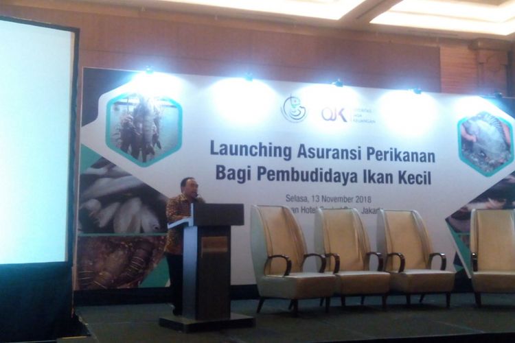 Direktur Jenderal Perikanan Budidaya Kementerian Kelautan dan Perikanan (KKP), Slamet Soebjakto di acara peluncuran program Asuransi Perikanan bagi Pembudidaya Ikan Kecil (APPIK) di Hotel Pullman Central Park, Jakarta, Selasa (13/11/2018).
