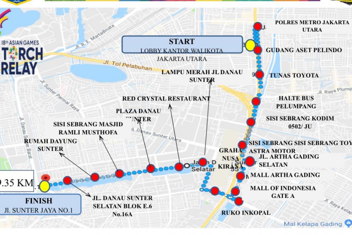 Rute torch relay atau pawai obor Asian Games di wilayah Jakarta Utara pada Kamis (16/8/2018) mendatang.