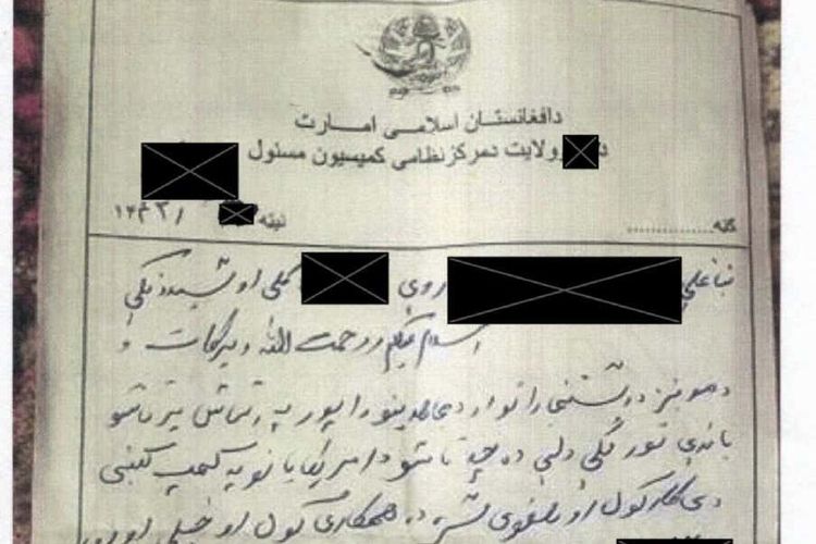 Surat Taliban yang dikeluarkan untuk saudara laki-laki dari penerjemah Afghanistan untuk AS. [Via New York Post]
