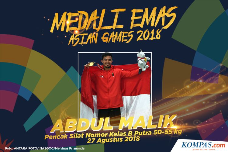 Pesilat Indonesia Abdul Malik berpose usai penyerahan medali emas kelas B  Putra 50-55 kg Asian Games 2018 di Padepokan Pencak Silat Taman Mini Indonesia Indah (TMII), Jakarta, Senin (27/8/2018).