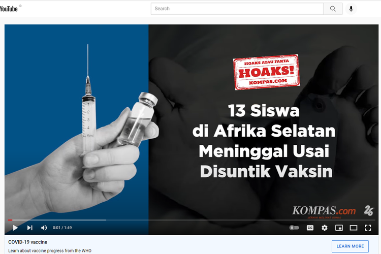 Hoaks, informasi yang menyebutkan bahwa 13 siswa di Afrika Selatan meninggal dunia setelah disuntik vaksin Covid-19.