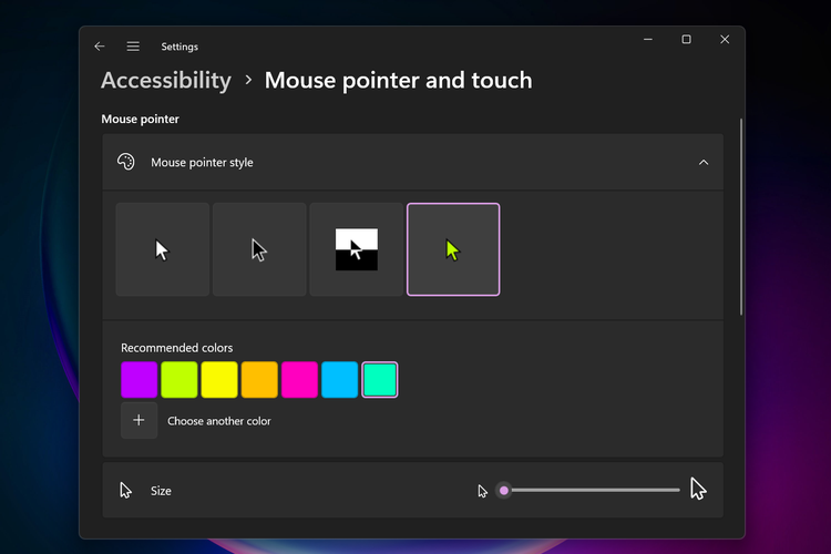 Jendela pengaturan ukuran dan warna kursor mouse di Windows 11