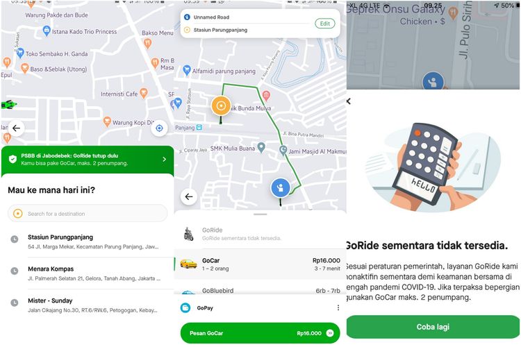 Tangkapan layar aplikasi GoJek ketika memesan GoRide di wilayah Jakarta, Bogor, Depok, dan Bekasi.