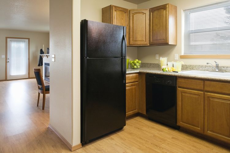 Ilustrasi kulkas, kulkas di dapur, kulkas warna hitam.