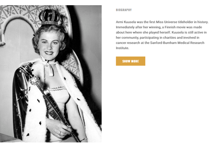 Miss Universe Pertama, Armi Helena Kuusela, yang meraih mahkota pertama pada 1952.