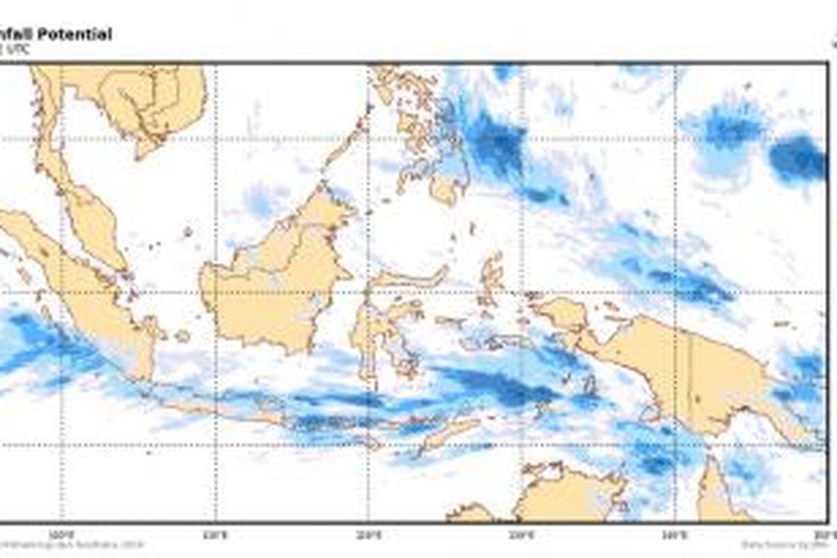 Citra satelit Selasa (21/1/2014) pukul 09.00 WIB yang memperlihatkan peluang terjadinya hujan di Indonesia. 