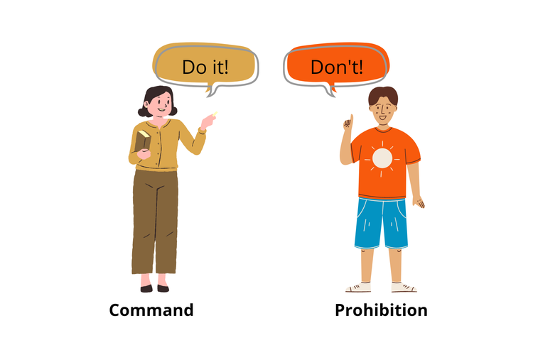 Command menyuruh seseorang melakukan sesuatu, sedangkan prohibition melarang seseorang melakukan sesuatu. 