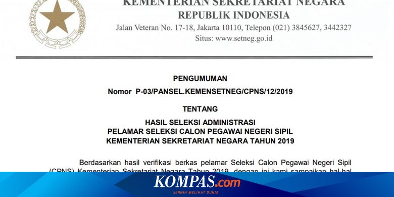 Setneg Umumkan Seleksi Administrasi Cpns 2019 Cek Hasilnya Di Sini Halaman All Kompas Com