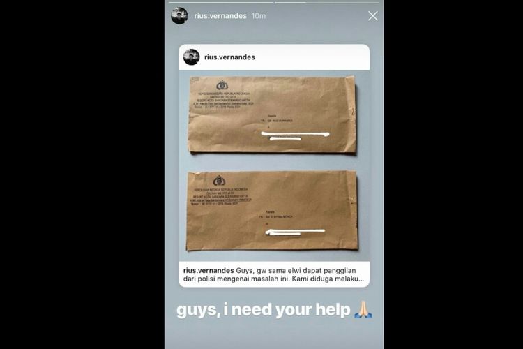 Dalam instagram pribadinya, Rius Vernandes mengunggah foto surat panggilan polisi sebagai saksi dalam kasus yang bermula dari unggahan kartu menu bertulisan tangan di kabin Garuda Indonesia. Tangkap layar diambil pada Selasa (16/7/2019). 