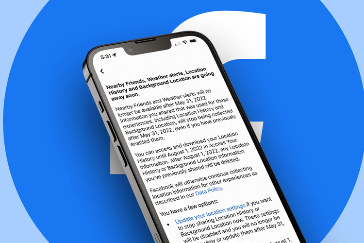 Ilustrasi notifikasi Facebook terkait penghentian fitur berbasis lokasi pengguna, seperti Nearby Friends dan weather alerts.