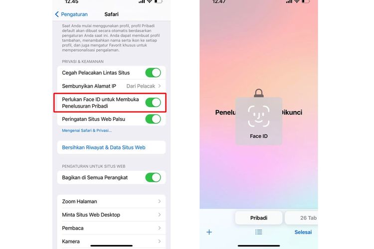 Ilustrasi cara kunci tab private Safari di iPhone iOS 17.