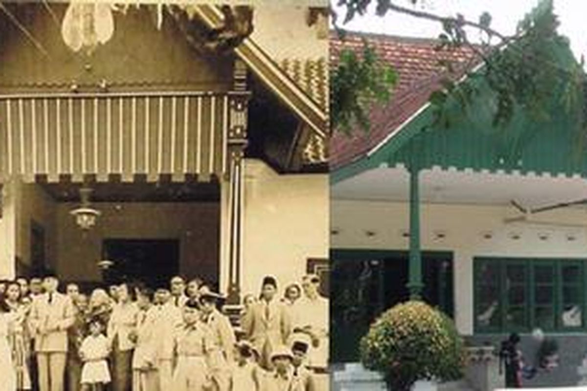 Presiden Sukarno bersama putranya saat berkunjung ke rumah masa kecilnya, Istana atau Dalem Gebang, di Blitar, Jawa Timur, tahun 1950-an, dan foto kanan adalah kondisi saat ini. Bung Karno hanya lahir di Surabaya, namun selalu mudik ke Blitar sejak masih pelajar hingga jadi presiden.