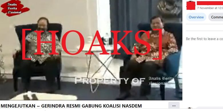 Tangkapan layar Facebook narasi yang menyebut bahwa Partai Gerindra dan Nasdem resmi berkoalisi untuk mendukung Anies Baswedan sebagai capres