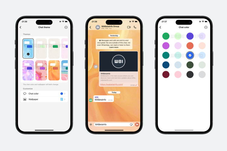 WhatsApp sedang menguji coba fitur baru bernama Chat Themes. Fitur ini memungkinkan pengguna mengubah warna chat bubble WhatsApp yang biasanya berwarna hijau menjadi warna lain seperti biru, pink, oranye, krem, abu-abu. 
