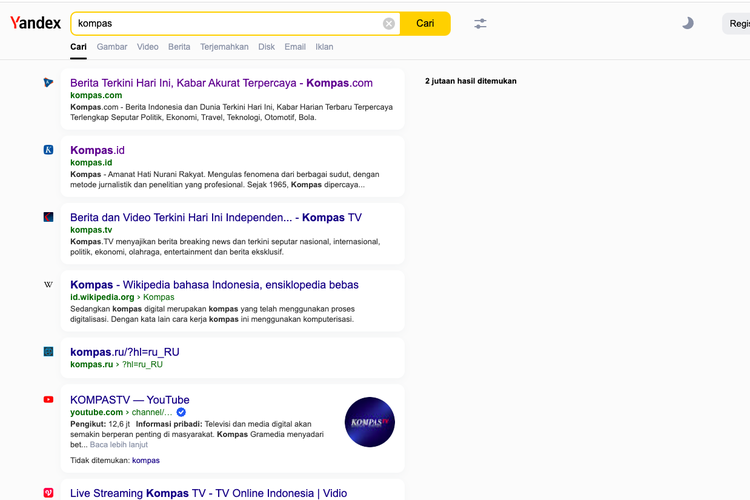 Tampilan halaman mesin pencarian Yandex