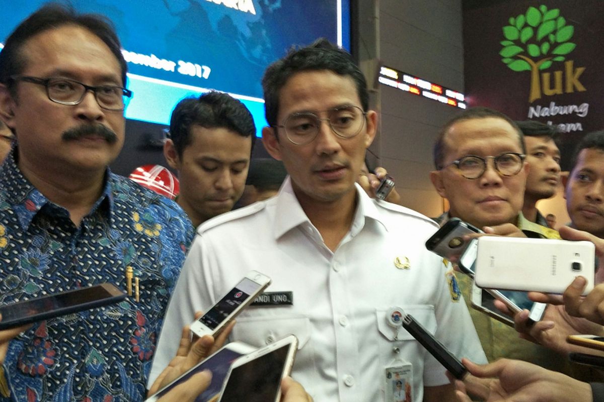 Wakil Gubernur DKI Jakarta Sandiaga Uno di Bursa Efek Indonesia, Sudirman, Jakarta Selatan, Rabu (20/12/2017).