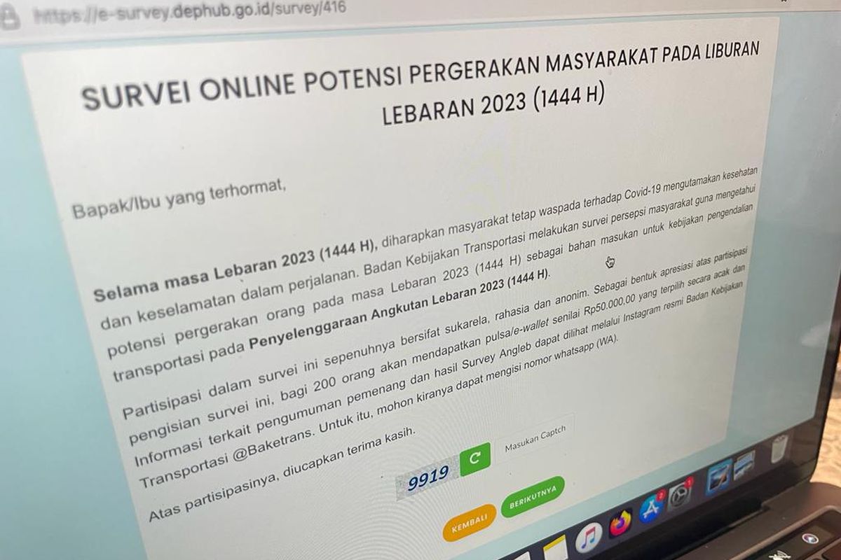 Tampilan survei Angleb 2023 dari Badan Kebijakan Transportasi Kemenhub yang menyediakan apresiasi dengan total Rp 10 juta untuk 200 responden.