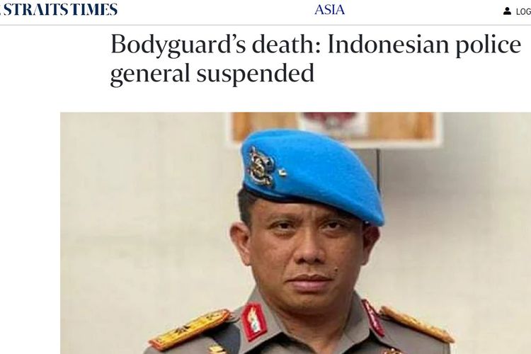 Tangkapan layar judul berita kasus polisi tembak polisi melibatkan Brigadir J dan Bharada E di Indonesia yang diberitakan media Singapura The Straits Times, Senin (18/7/2022). Foto yang dipasang adalah Irjen Ferdy Sambo, atasan Brigadir J dan Bharada E.