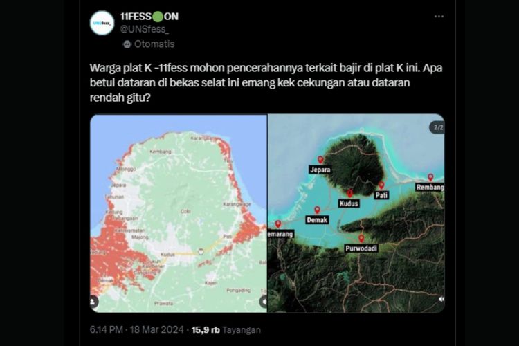 Tangkapan layar foto Gunung Muria tampak terpisah dari Pulau Jawa akibat banjir Pantura.