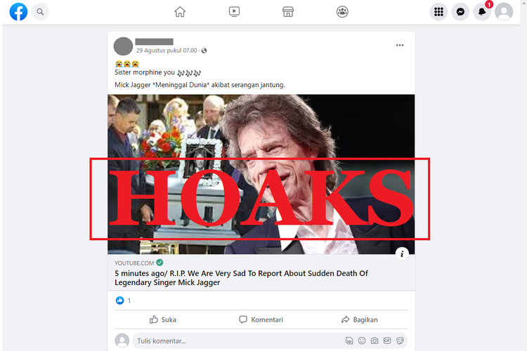 Tangkapan layar unggahan dengan narasi hoaks di sebuah akun Facebook, Senin (29/8/2022), yang menyebut bahwa Mick Jagger meninggal pada Agustus 2022.