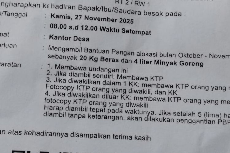 Isi surat undangan yang diterima oleh warga yang berhak menerima bantuan pangan. 