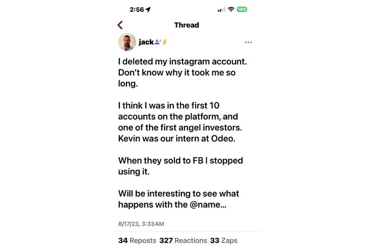 Postingan pendiri Twitter, Jack Dorsey di Nostr, mengumumkan dia menghapus akun Instagram 